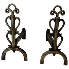 Vintage Pair of Brass Andirons in the Style of Raymond Subes