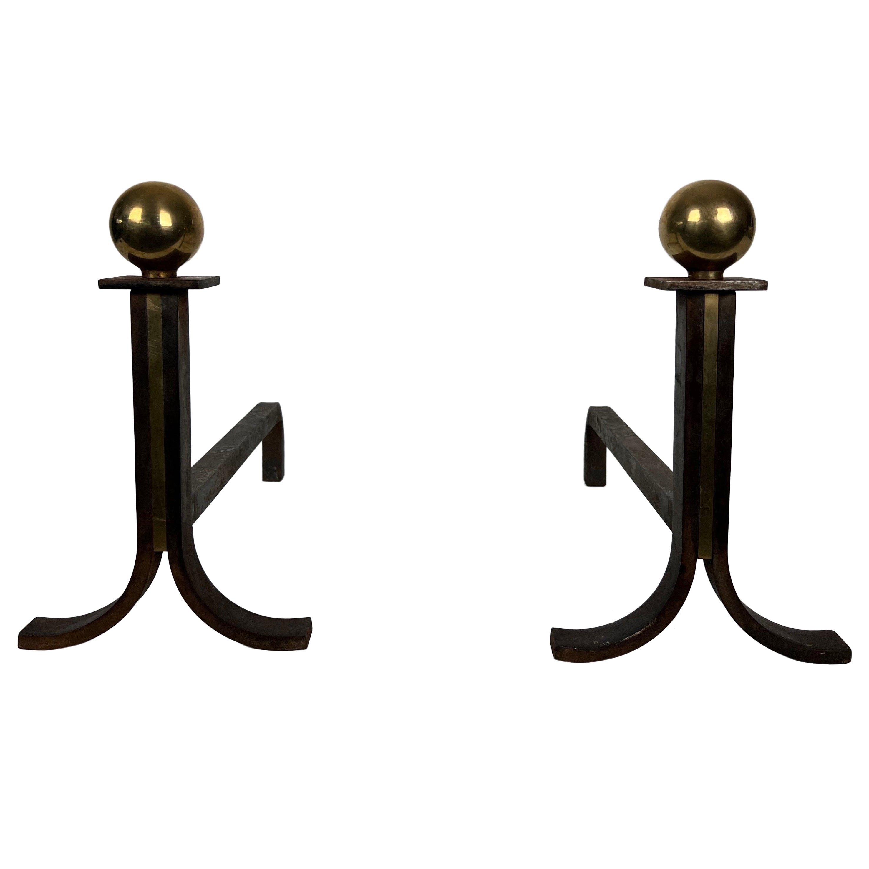 Pair of Modernist Cast Iron, Brass and Wrought Iron Andirons 