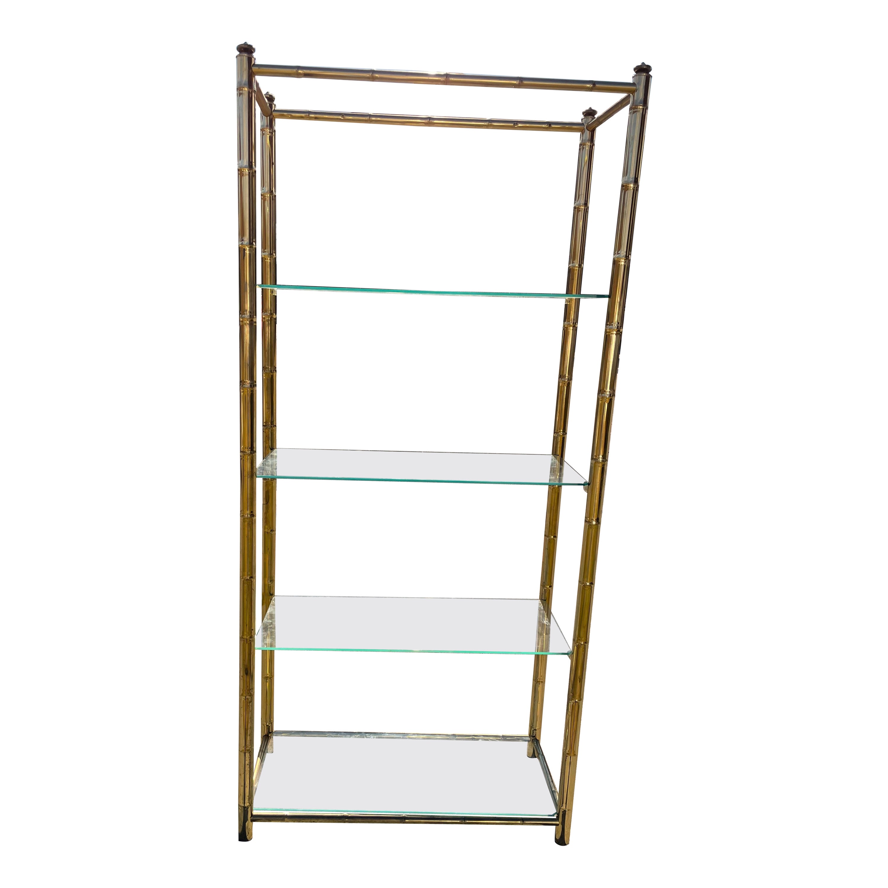 Hollywood Regency Brass Plated Metal Faux Bamboo Bookcase w/ 5 Glass Shelves  For Sale
