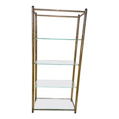 Retro Hollywood Regency Brass Plated Metal Faux Bamboo Bookcase w/ 5 Glass Shelves 