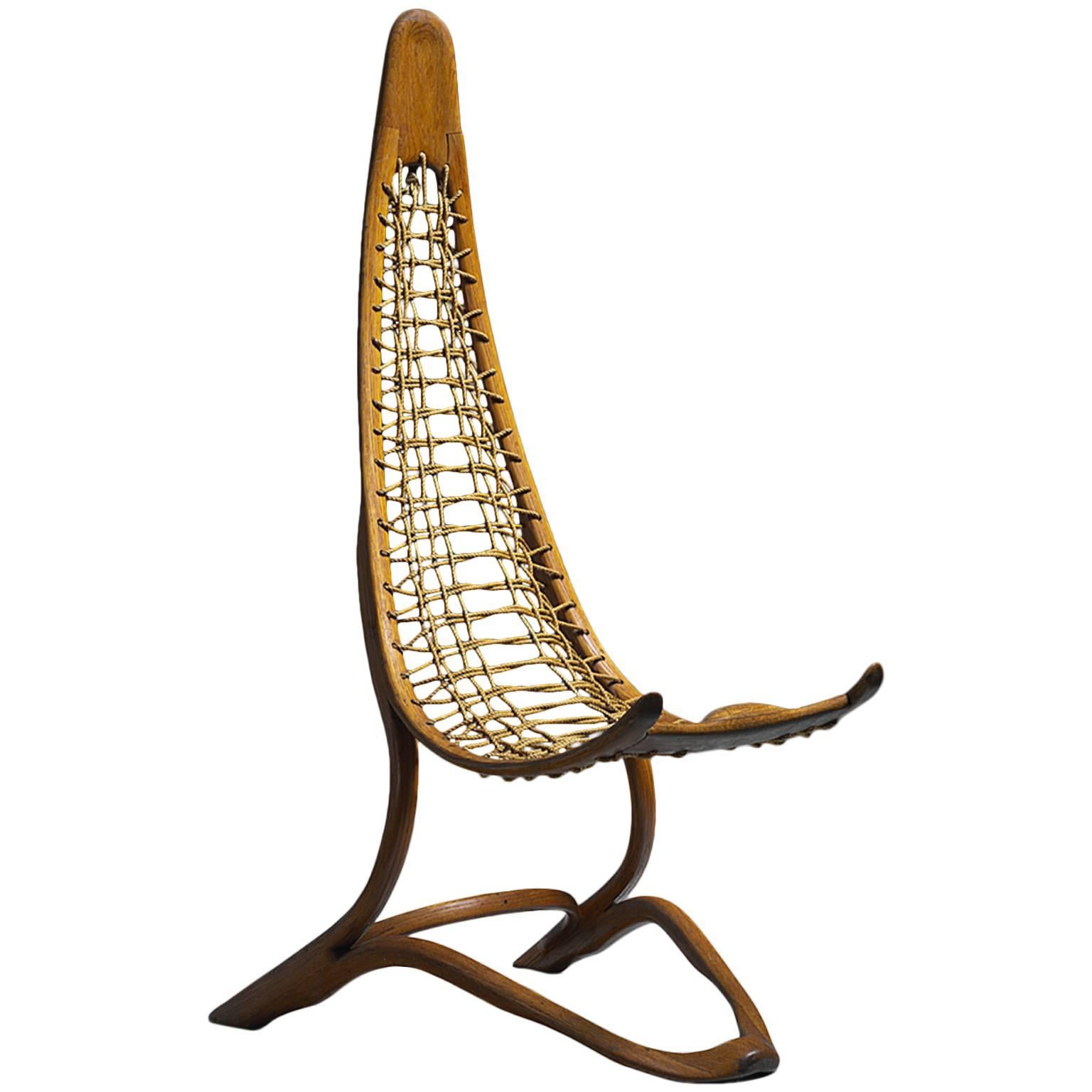 Unique Tall (161 cm / 63.4 inch) Oak and Rope American Studio Craft Chair, 1960s For Sale