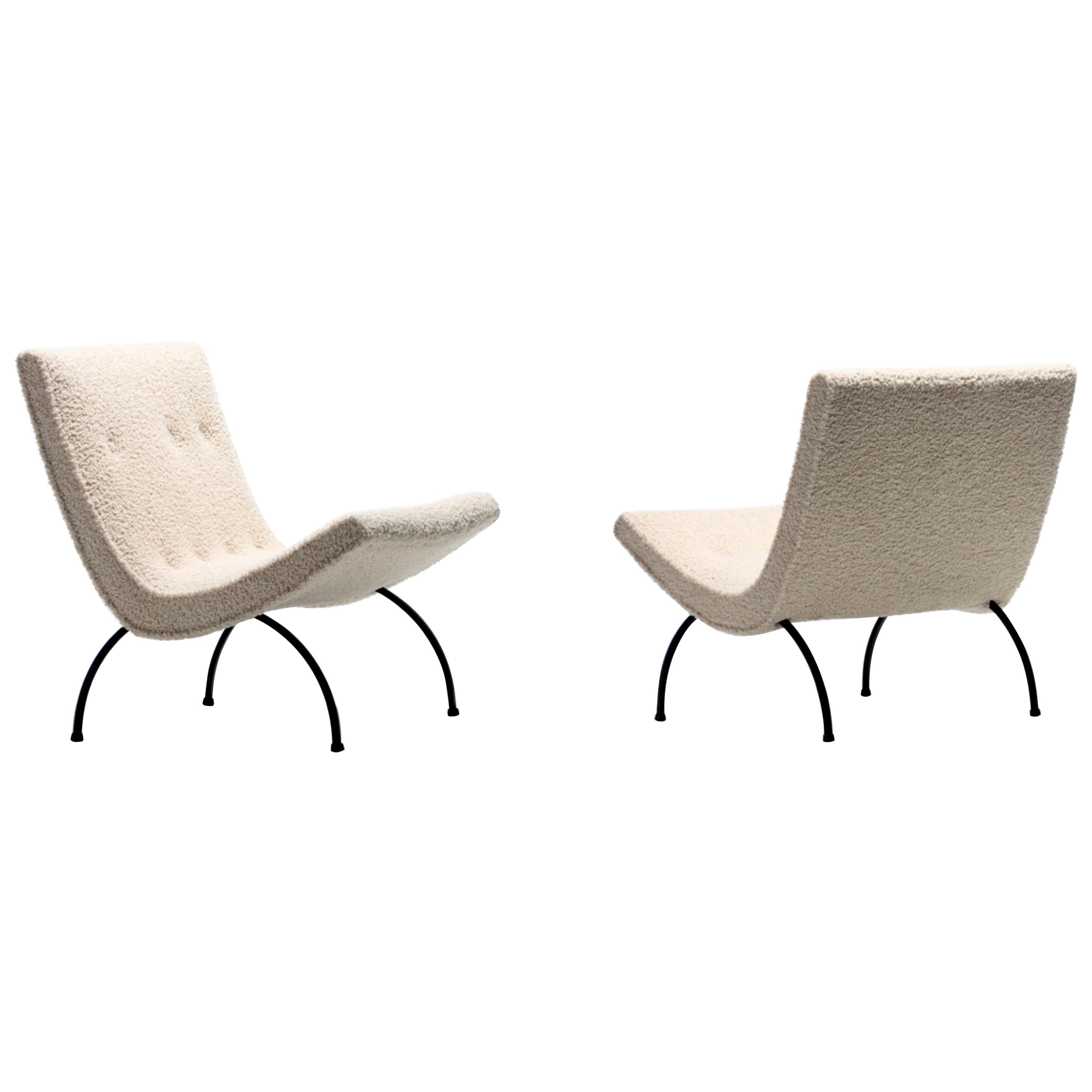 Pair of Milo Baughman Scoop Chairs in Ivory Bouclé with Iron Legs c. 1950s For Sale