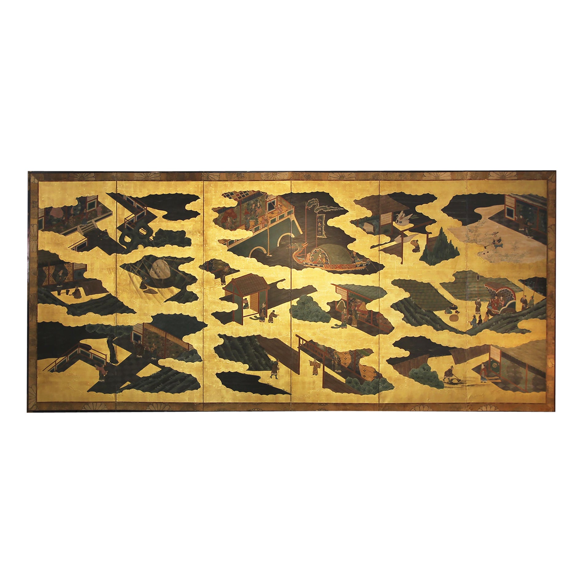 Six-panel gold leaf screen For Sale