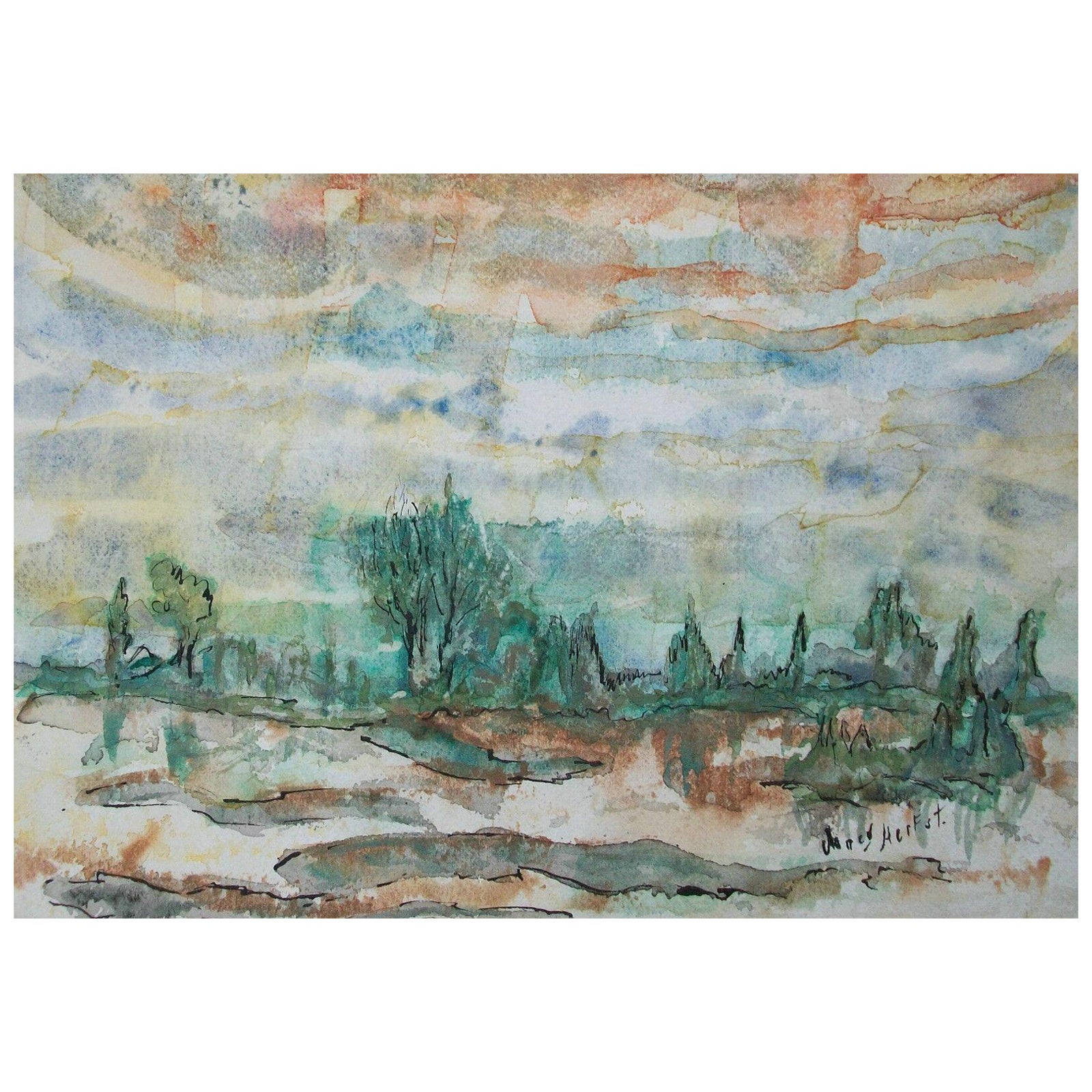NANCY HERFST - Expressionist Watercolor Painting - Signed - Canada - Circa 1977