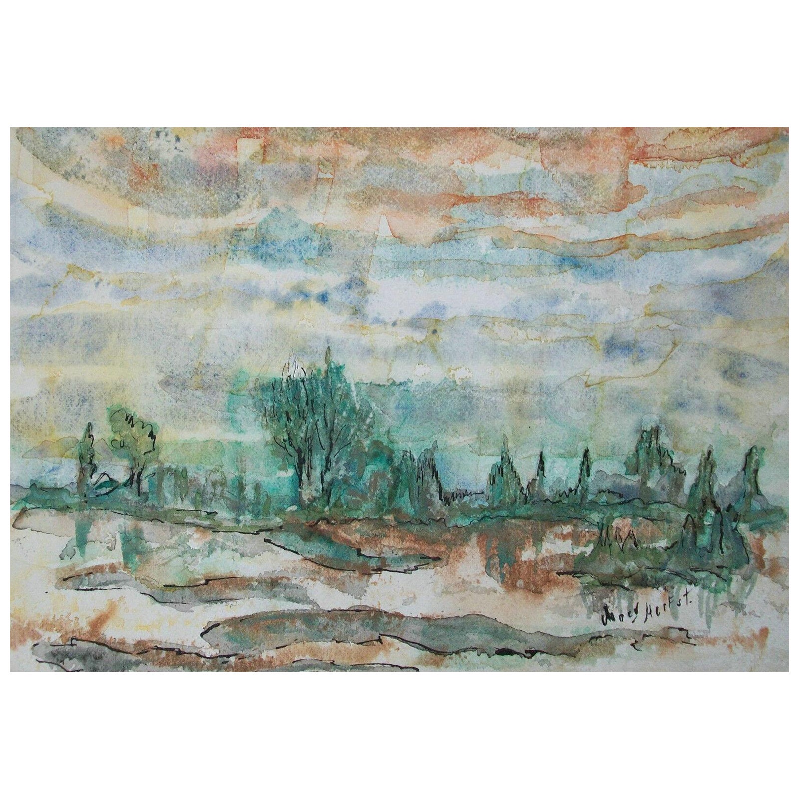 NANCY HERFST – Expressionistisches Aquarellgemälde – signiert – Kanada – um 1977