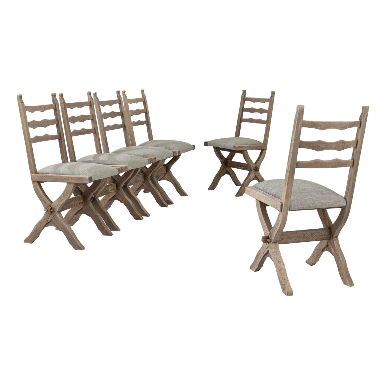 Chaises de salle à manger en chêne blanchi du XIXe siècle, ensemble de six chaises