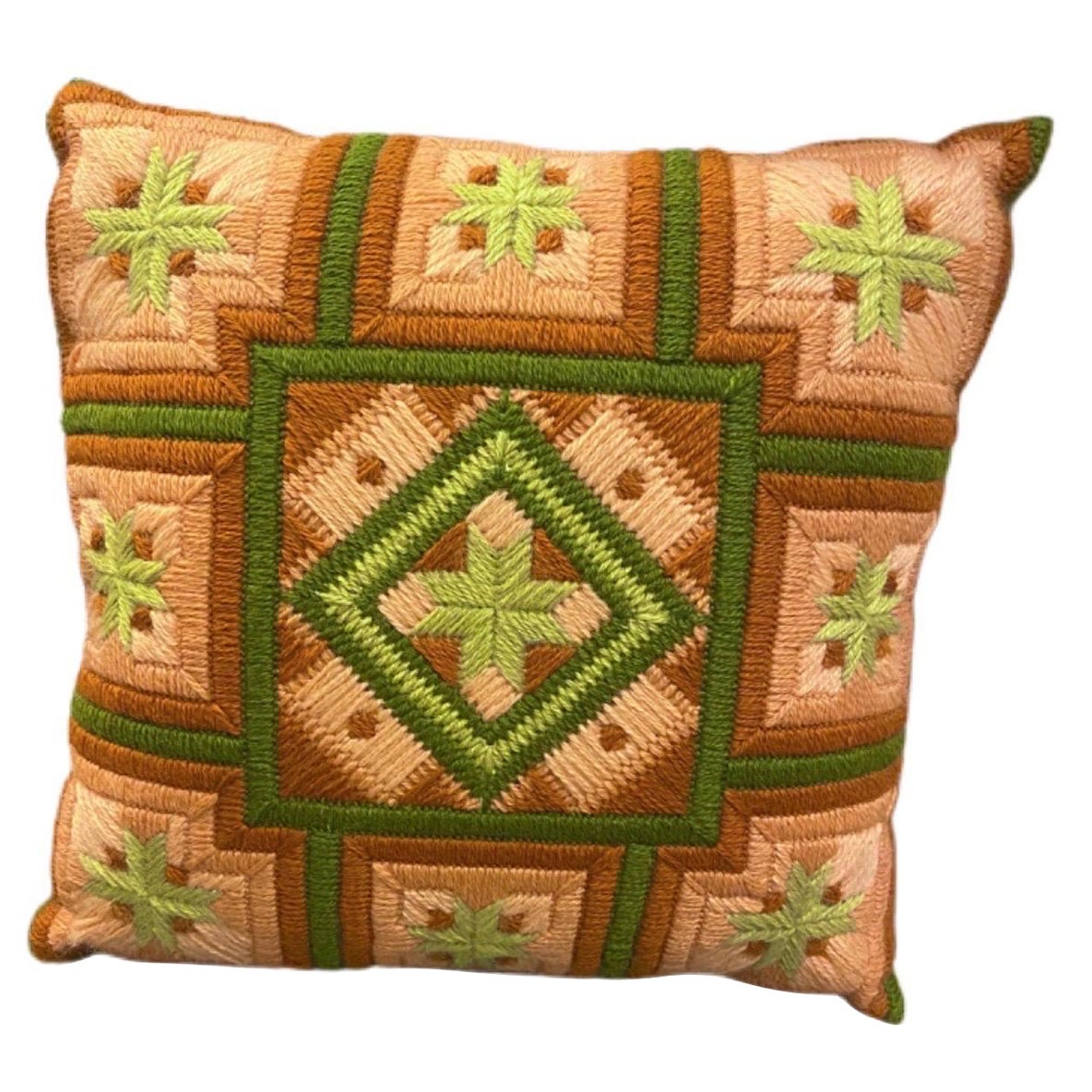 Vintage Stitching Pink, Green, and Umber Geometric Pillow For Sale