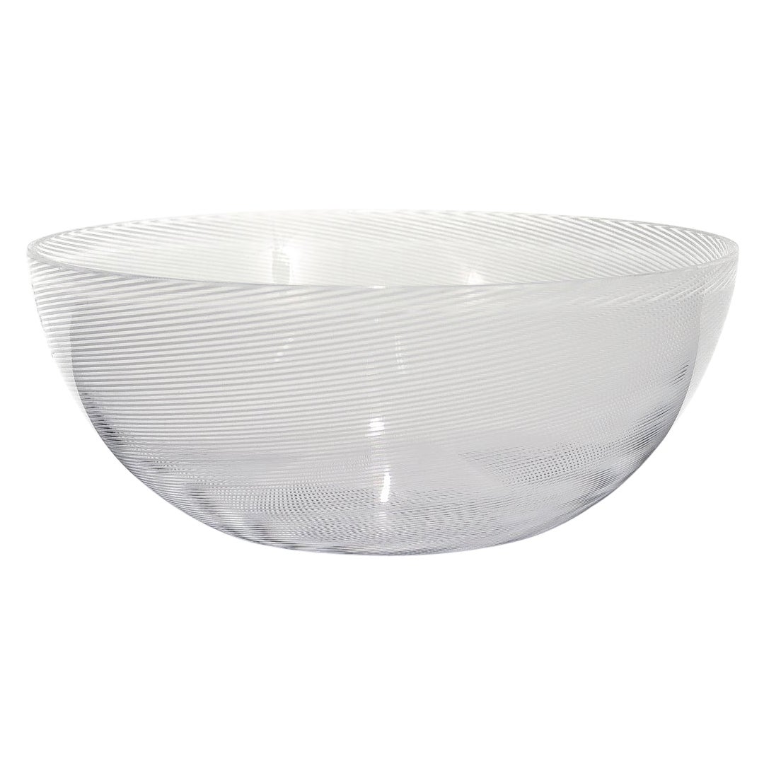 1980's Signed Venini White Mezza Filigrana Murano Glass Bowl For Sale