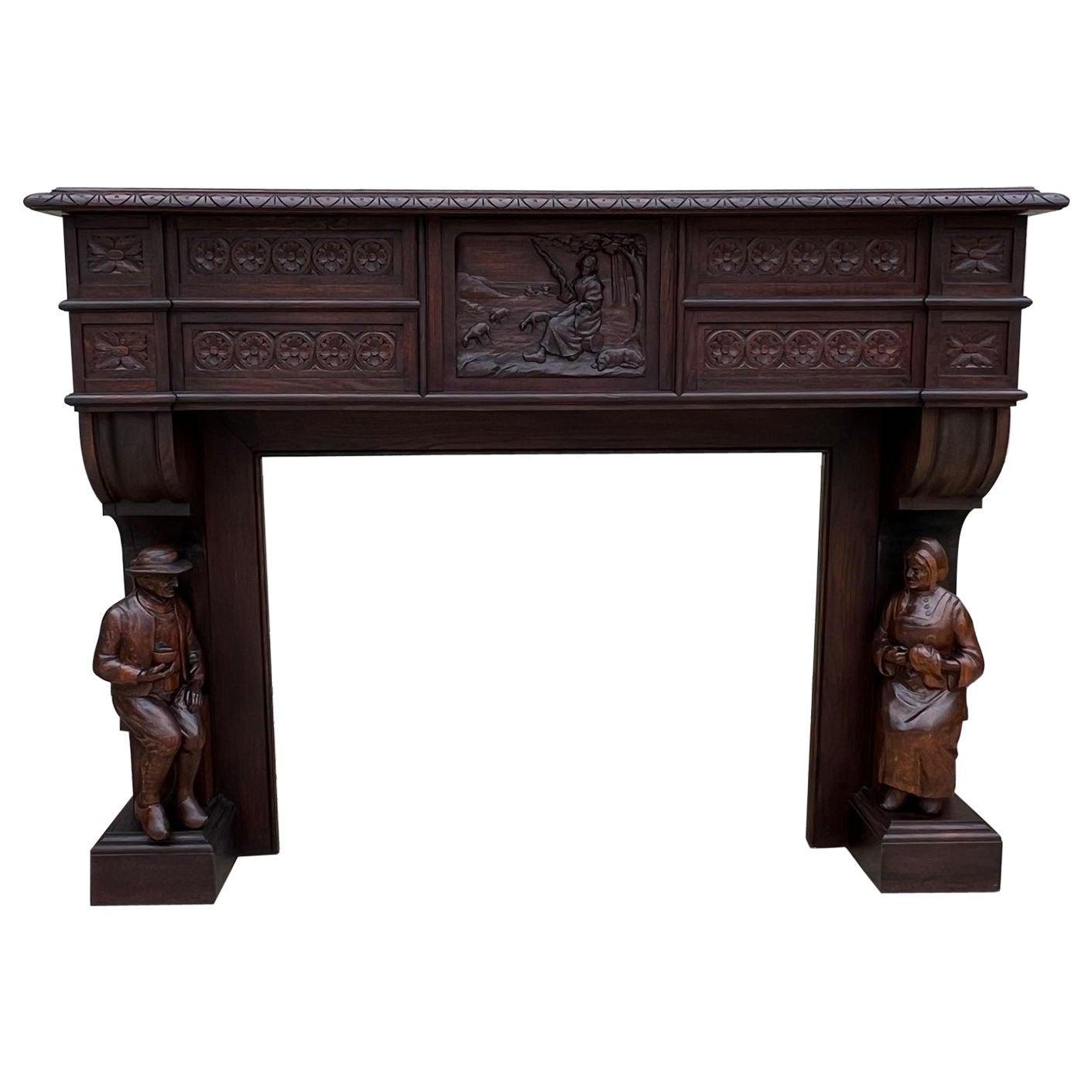 Antique French Mantel Fireplace Surround Breton Brittany Carved Dark Oak For Sale