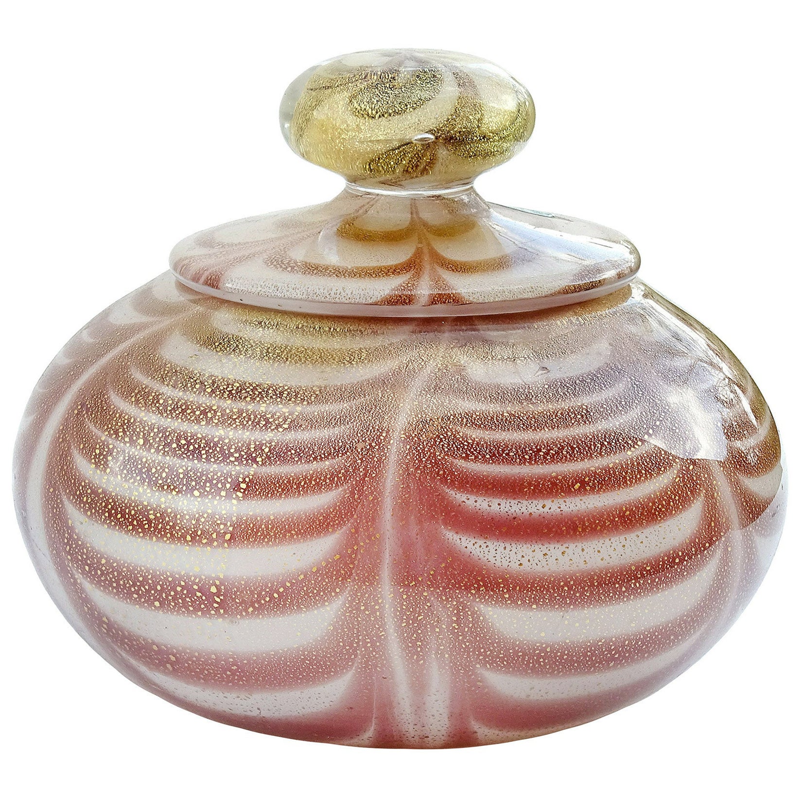 Waschtisch-Puderkasten aus italienischem Murano-Kunstglas mit lila Federgriffen und Goldflecken im Angebot