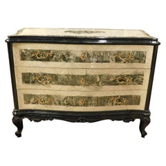Used black/white wooden dresser with three drawers, covered in paper, France