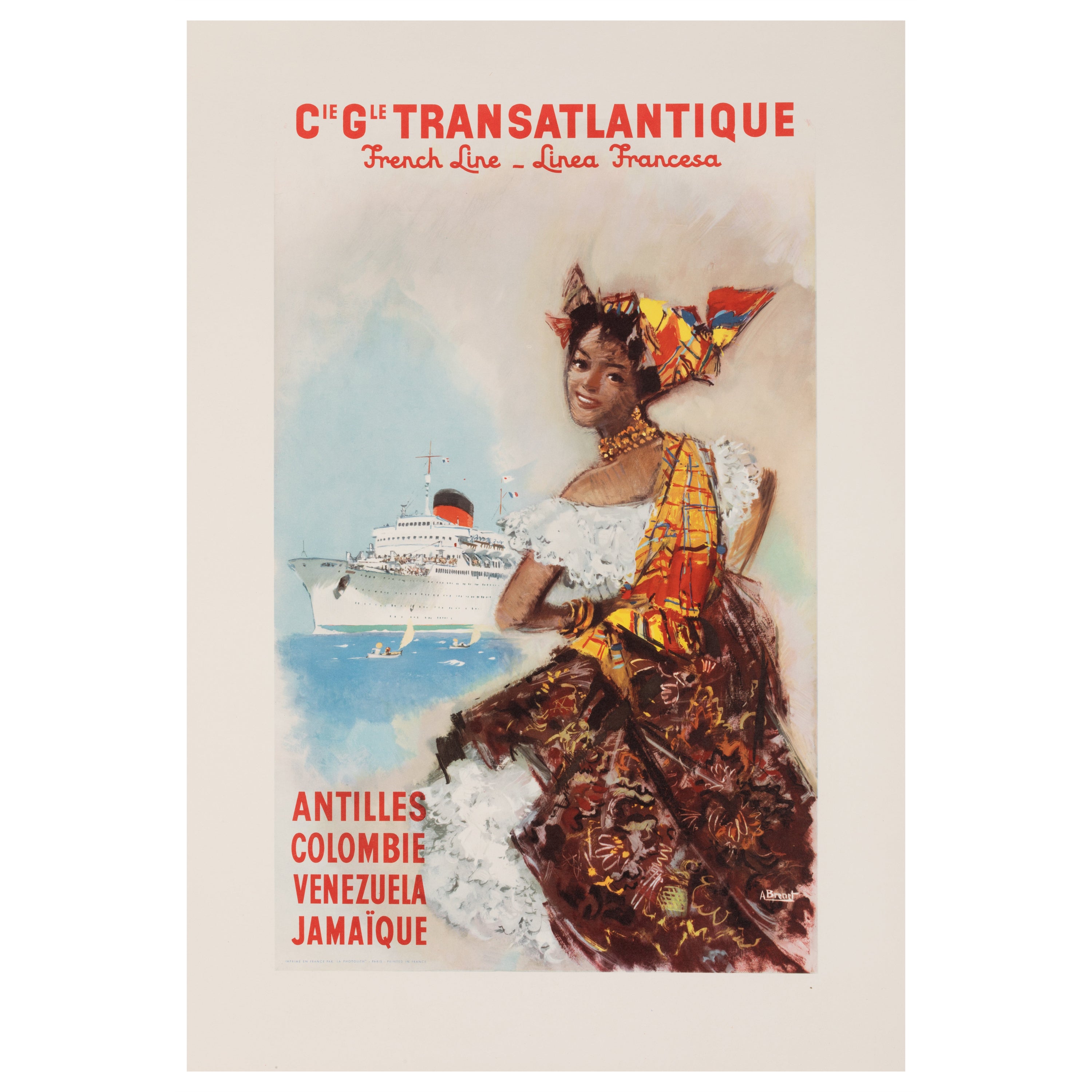 Affiche vintage d'origine, CGT, Antilles, Jamaïque Venezuela Colombie 1955 
