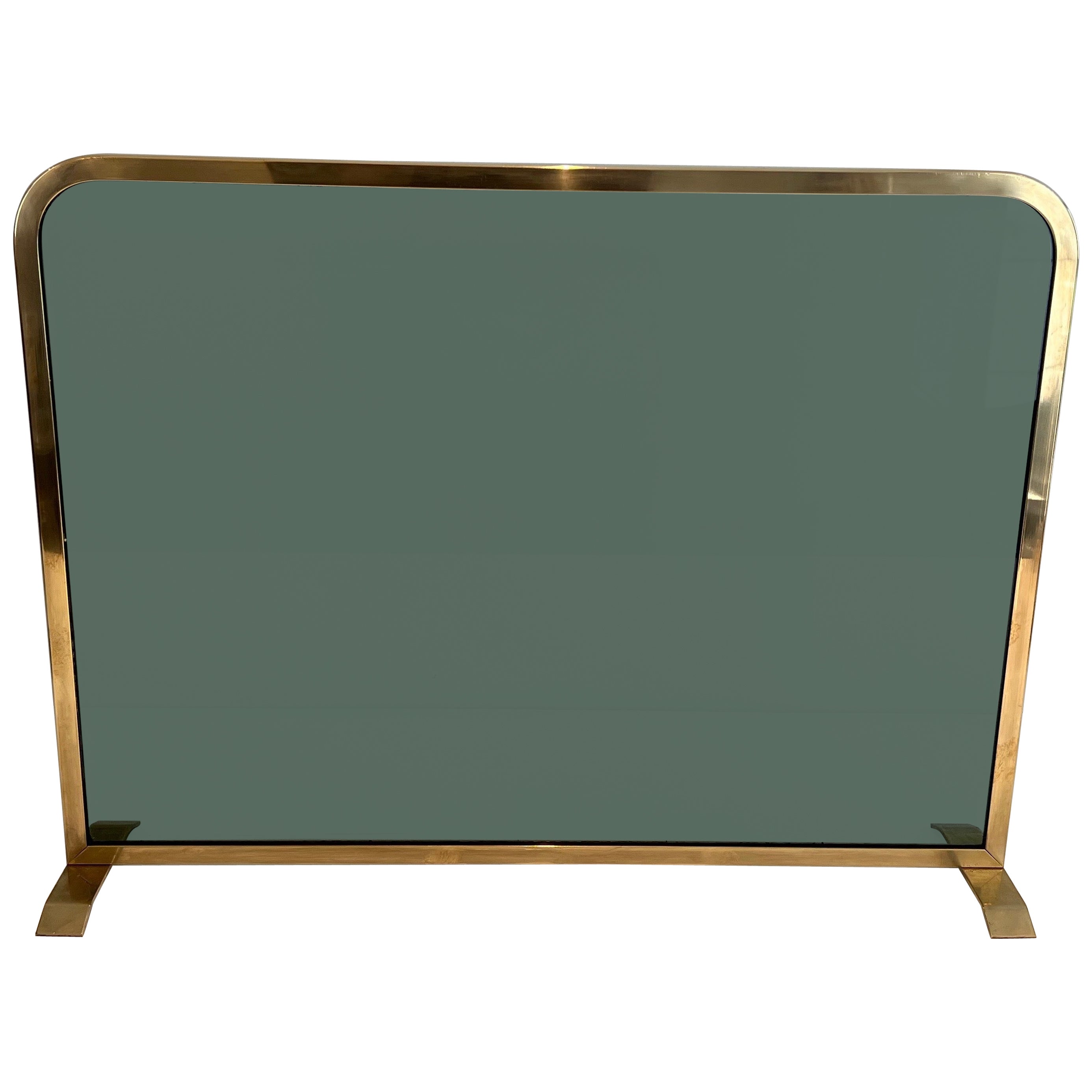 Fireplace Screen Made of a Greenish Glass Panel Surrounded by a Brass Frame For Sale