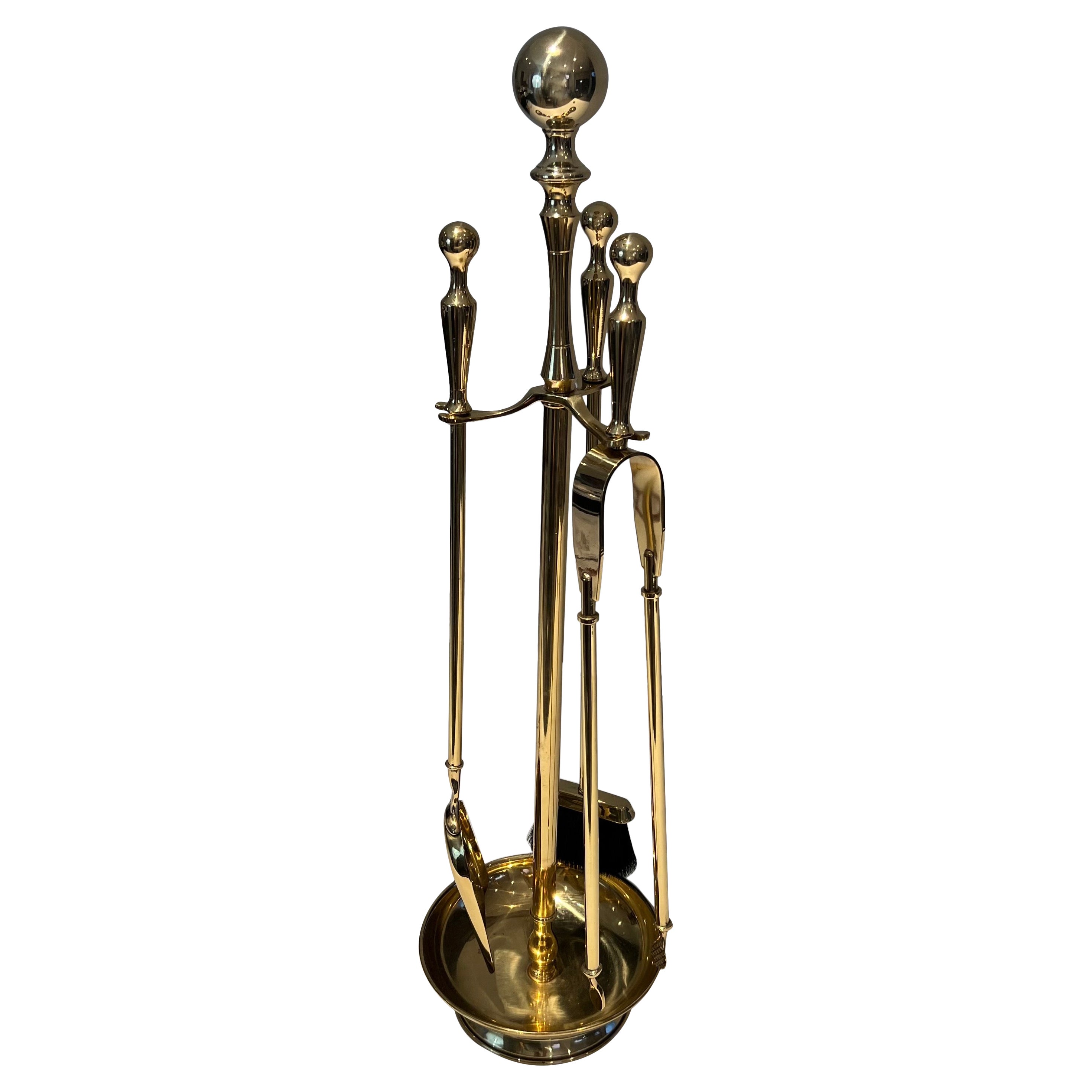 Neoclassical Style Brass Fireplace Tools on Stand For Sale