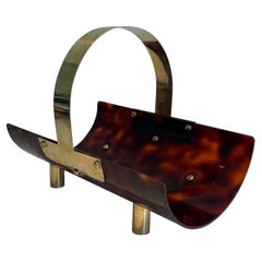 Retro Logs Holder made of Brass and Lucite Imitating Tortoise Shell