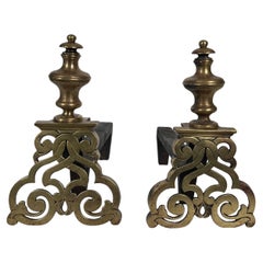 Antique Pair of Chiseled Bronze Andirons in the Style of Louis the 15th