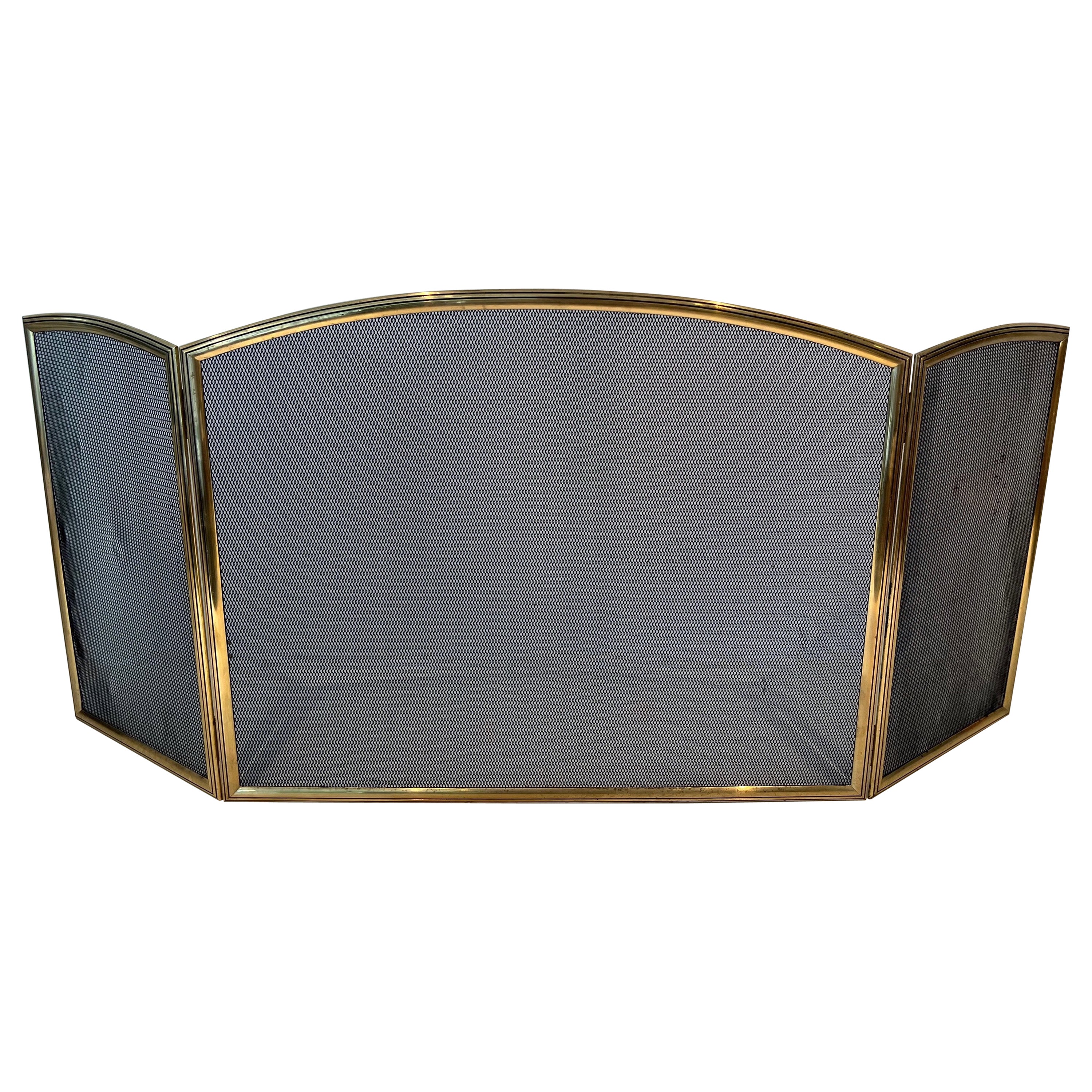 Neoclassical Style Brass and Grilling Fireplace Screen with 3 Panels For Sale