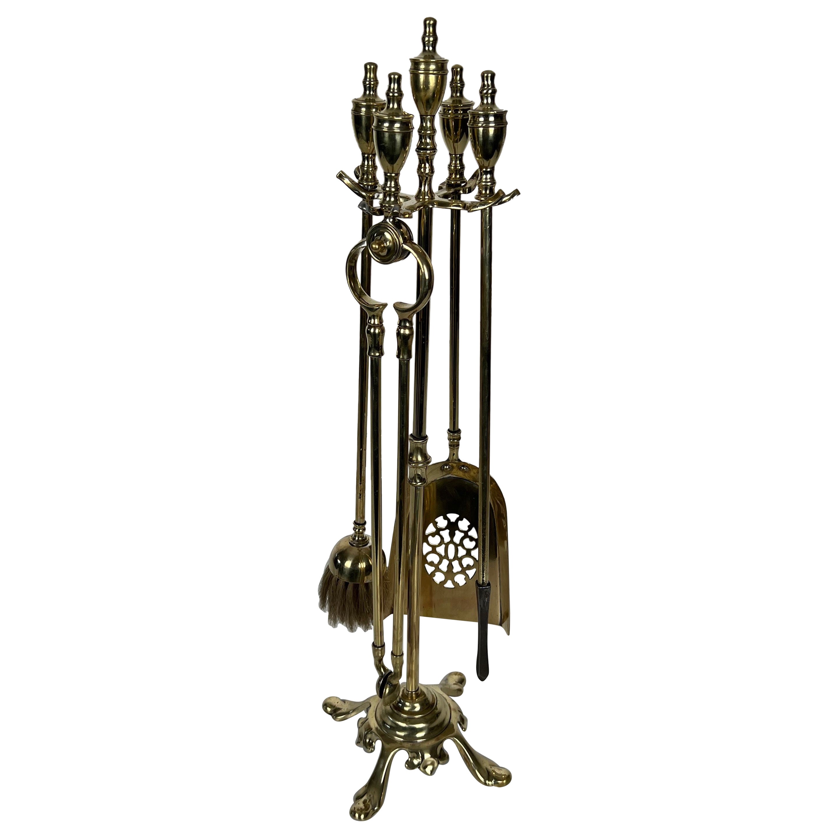 Neoclassical Style Brass Fireplace Tools on Stand