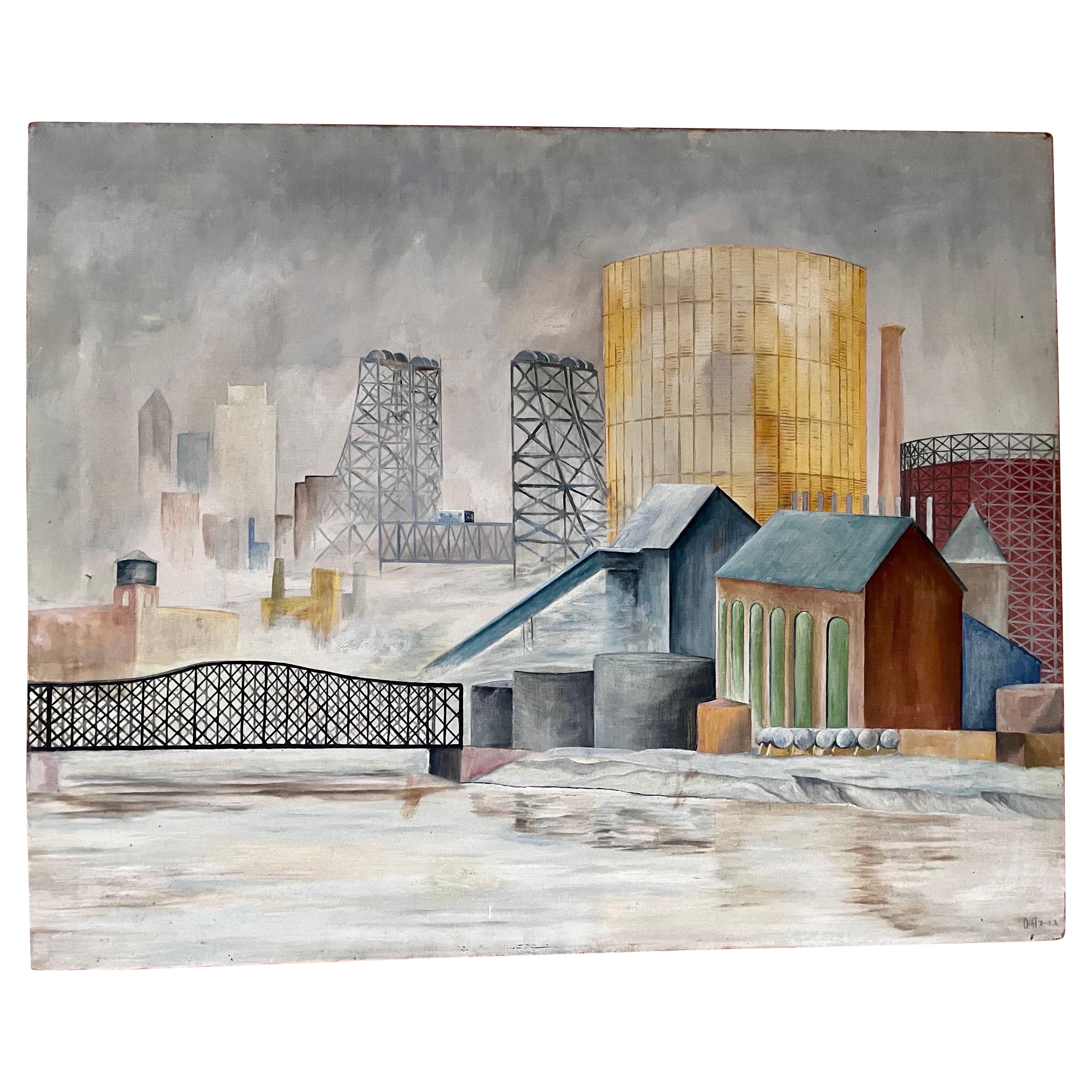 Industrial Landscape Painting, signed Duff, 1942 For Sale