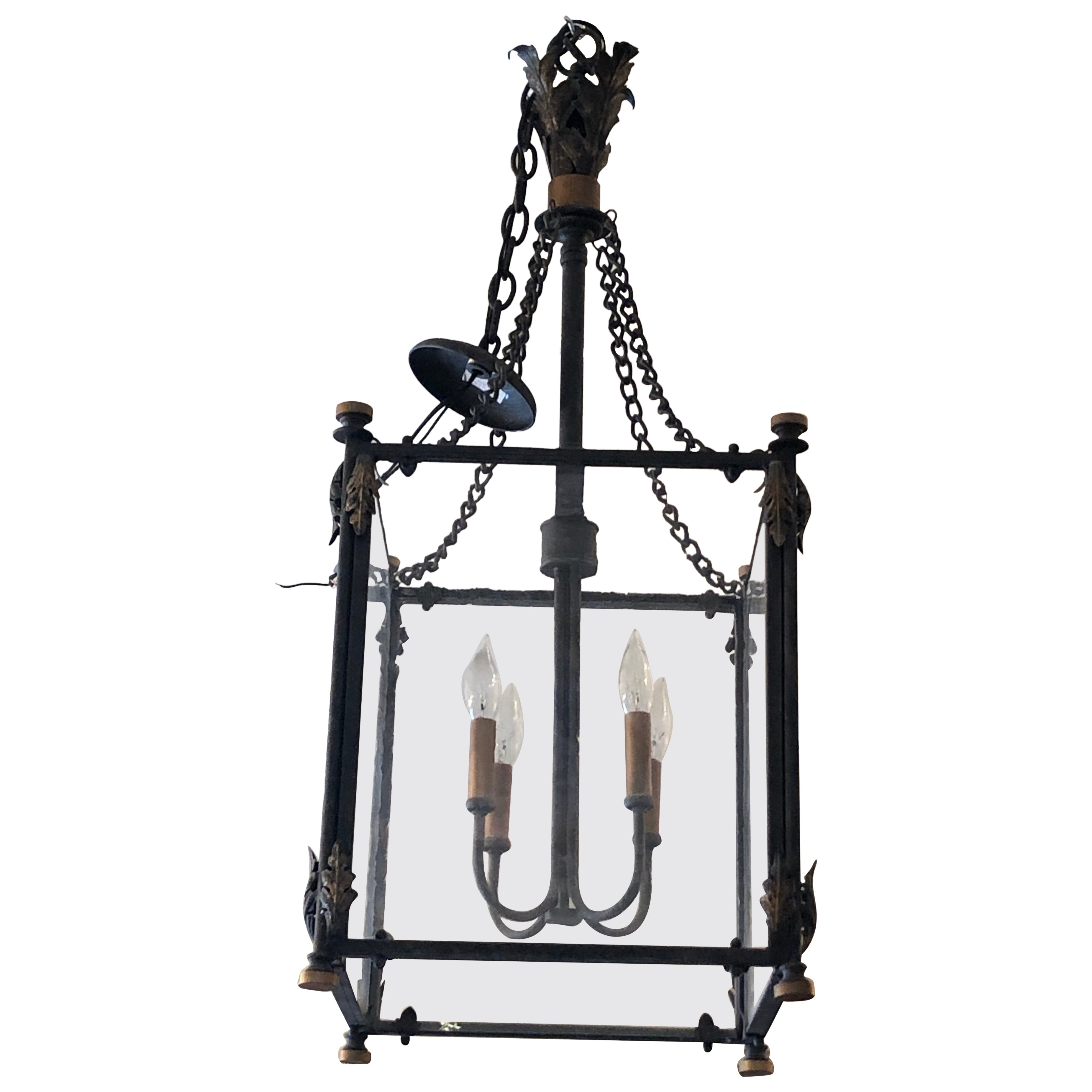 Large Impressive Iron and Wavy Glass Lantern Chandelier