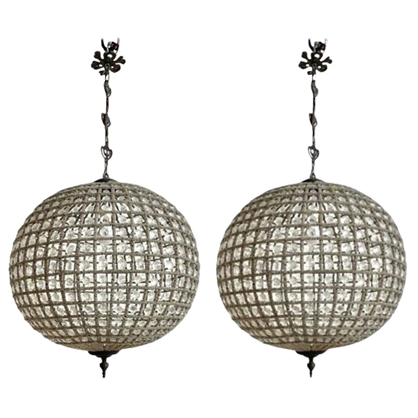 Art Deco, Round Chandeliers, Beveled Crystal, Metal, United States, 1980s For Sale