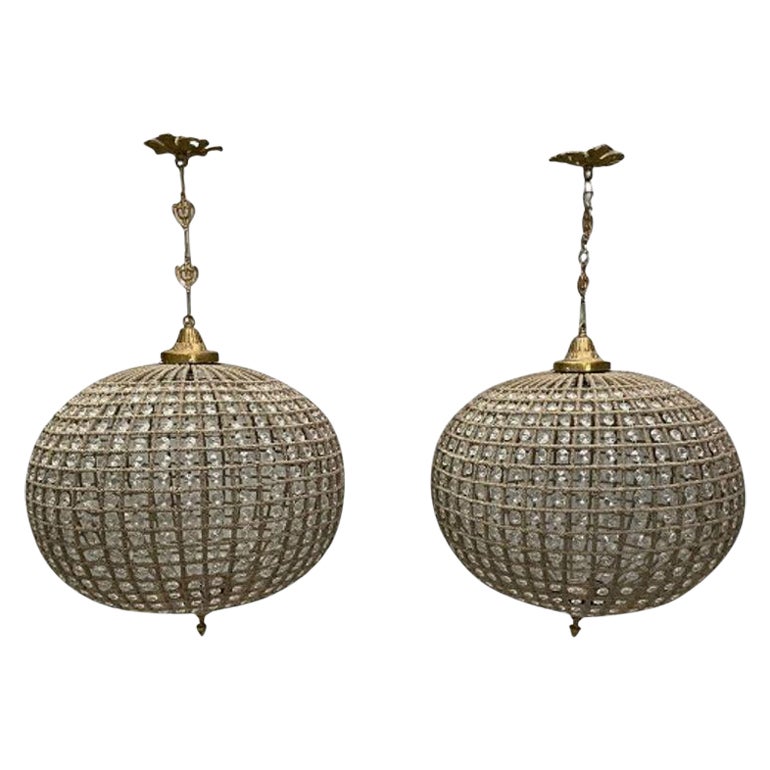 Art Deco, Round Chandeliers, Beveled Crystal, Metal, American, 1980s For Sale