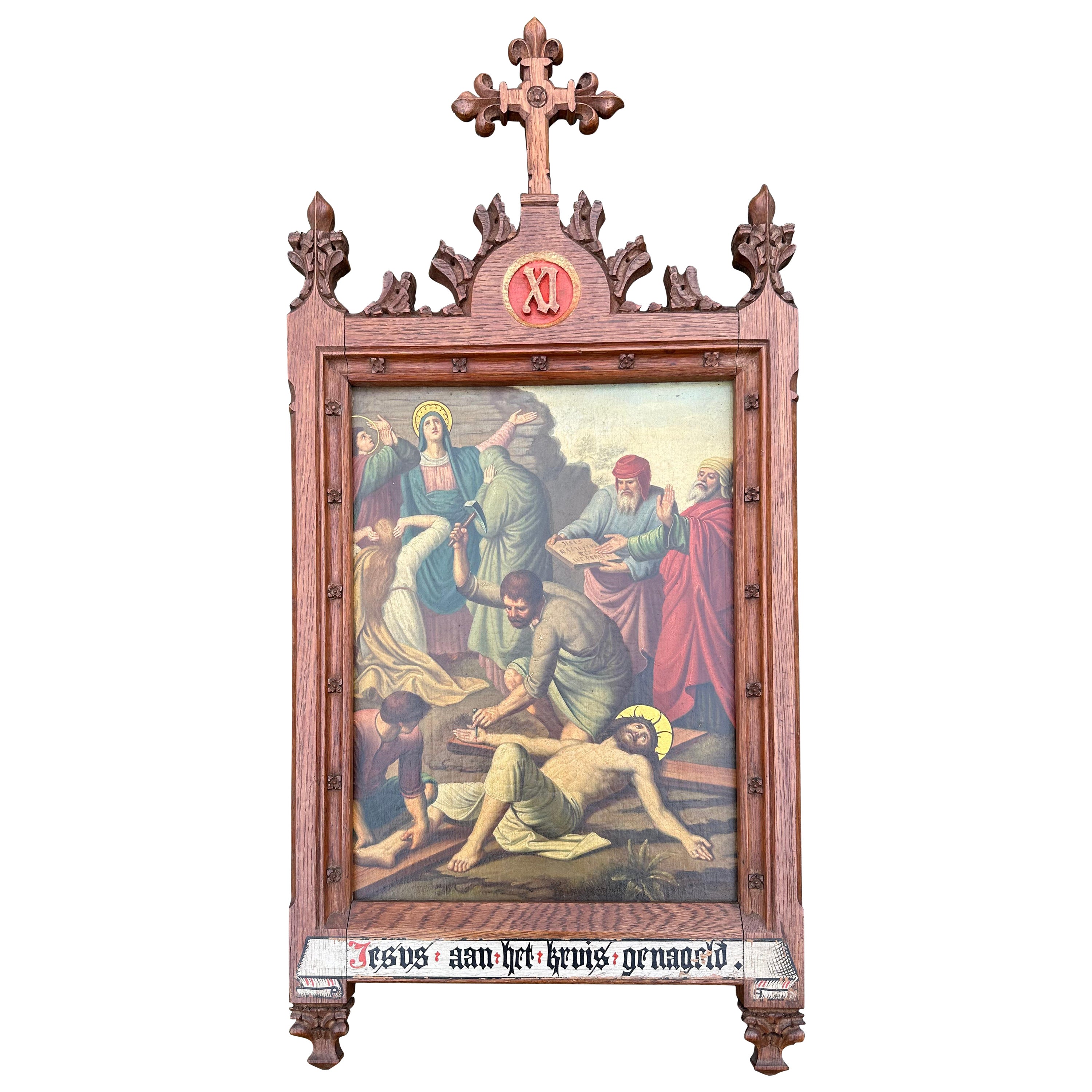 Fine Gothic Painting / 11th Station Crucifixion, Jesus is Nailed to the Cross For Sale