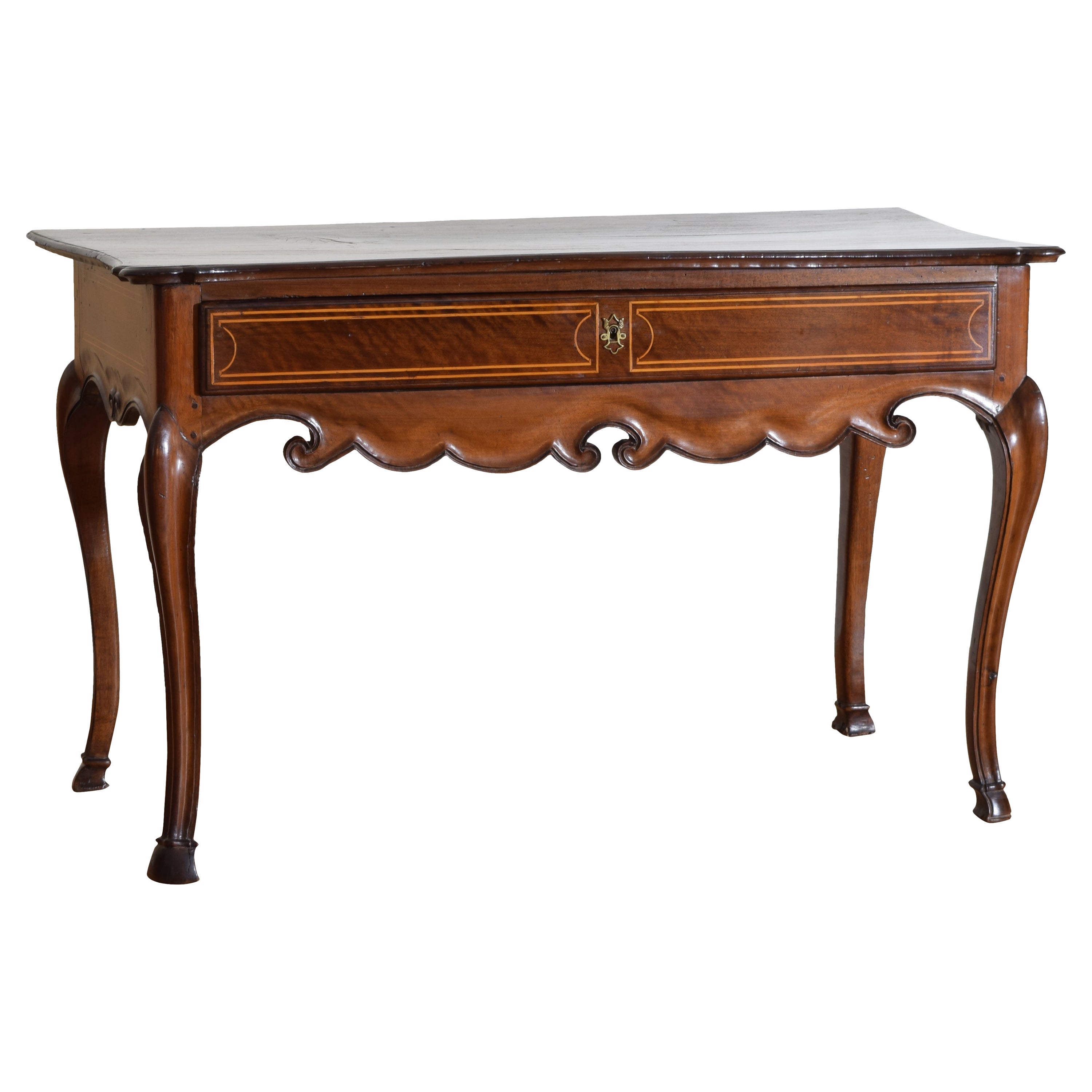 Portuguese Rococo Period Carved Walnut & Inlaid 1-Drawer Console, mid 18th cen. For Sale