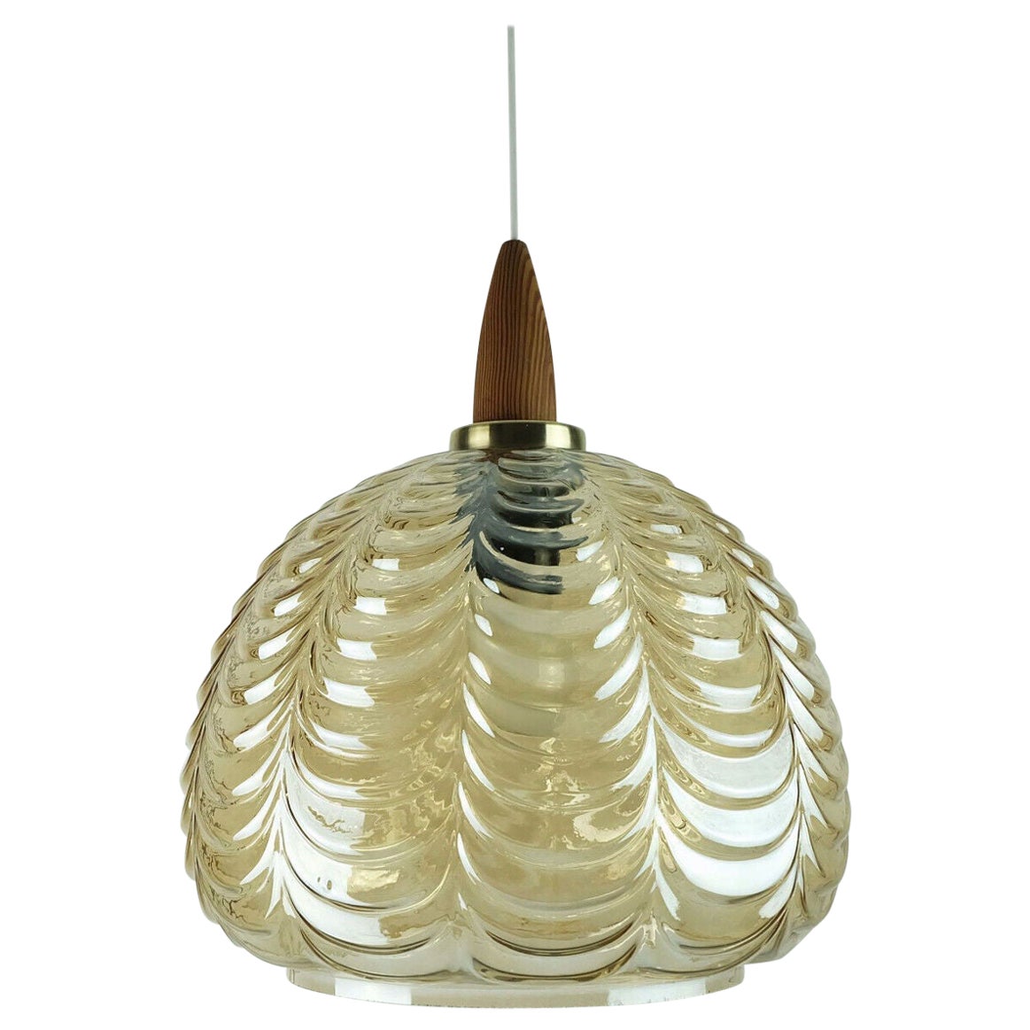 1960's mid century PENDANT LIGHT amber glass brass wood