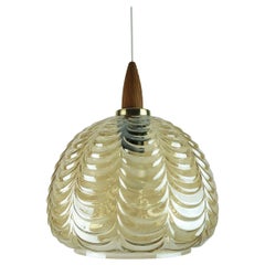 1960's mid century PENDANT LIGHT amber glass brass wood