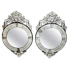 Pair of Large Ornate Venetian Mirrors of Round Tondo Form with Foliate Designs