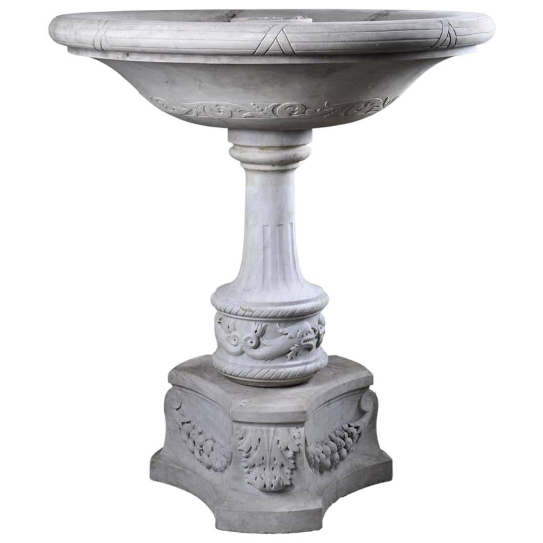Fountain with Dolphins Decor Sculpted Out White Carrara Marble, 19th Century