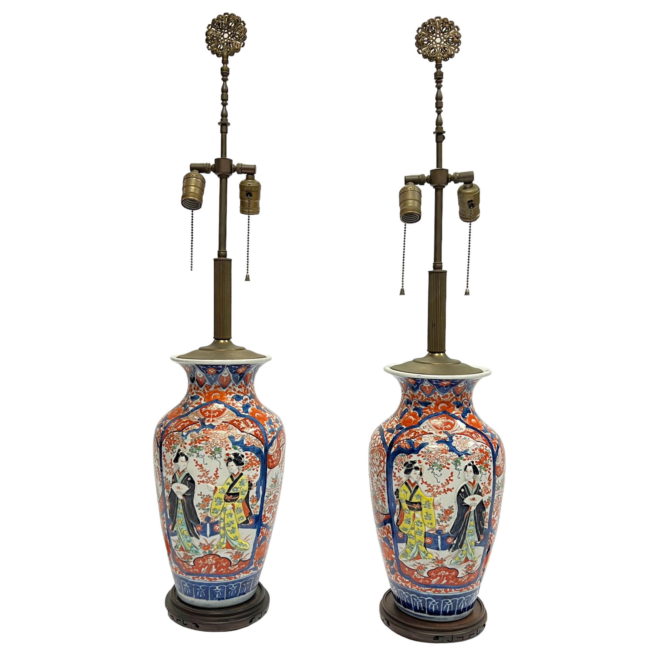Pair Antique 19th Century Imari Porcelain Vases Mounted as Table Lamps For Sale