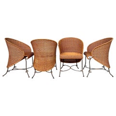 Ensemble de 4 chaises sculpturales vintage en osier et fer forgé
