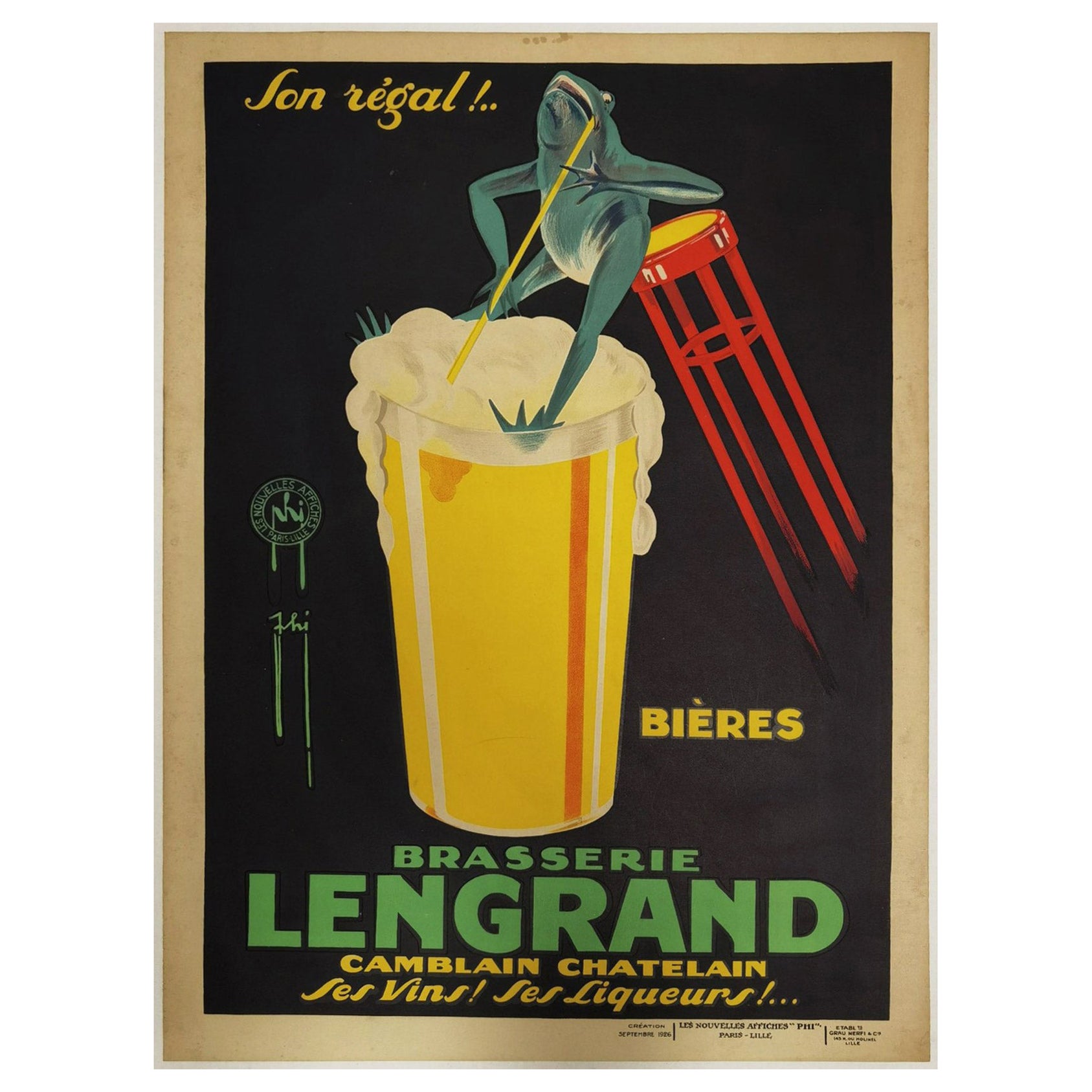 Brasserie Lengrand Frog 1926 French Alcohol Advertising Poster, Paul Nefri For Sale