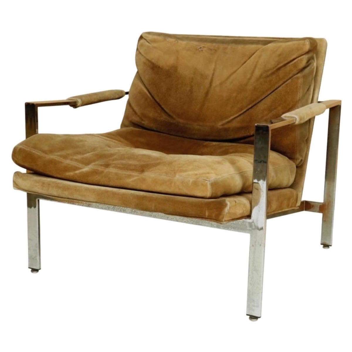 Milo Baughman Chrome Armchair in Original Tan Suede For Sale