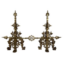 Antique Important Bronze Fireplace Adornment Made of a Pair of Andirons and a Bronze Bar