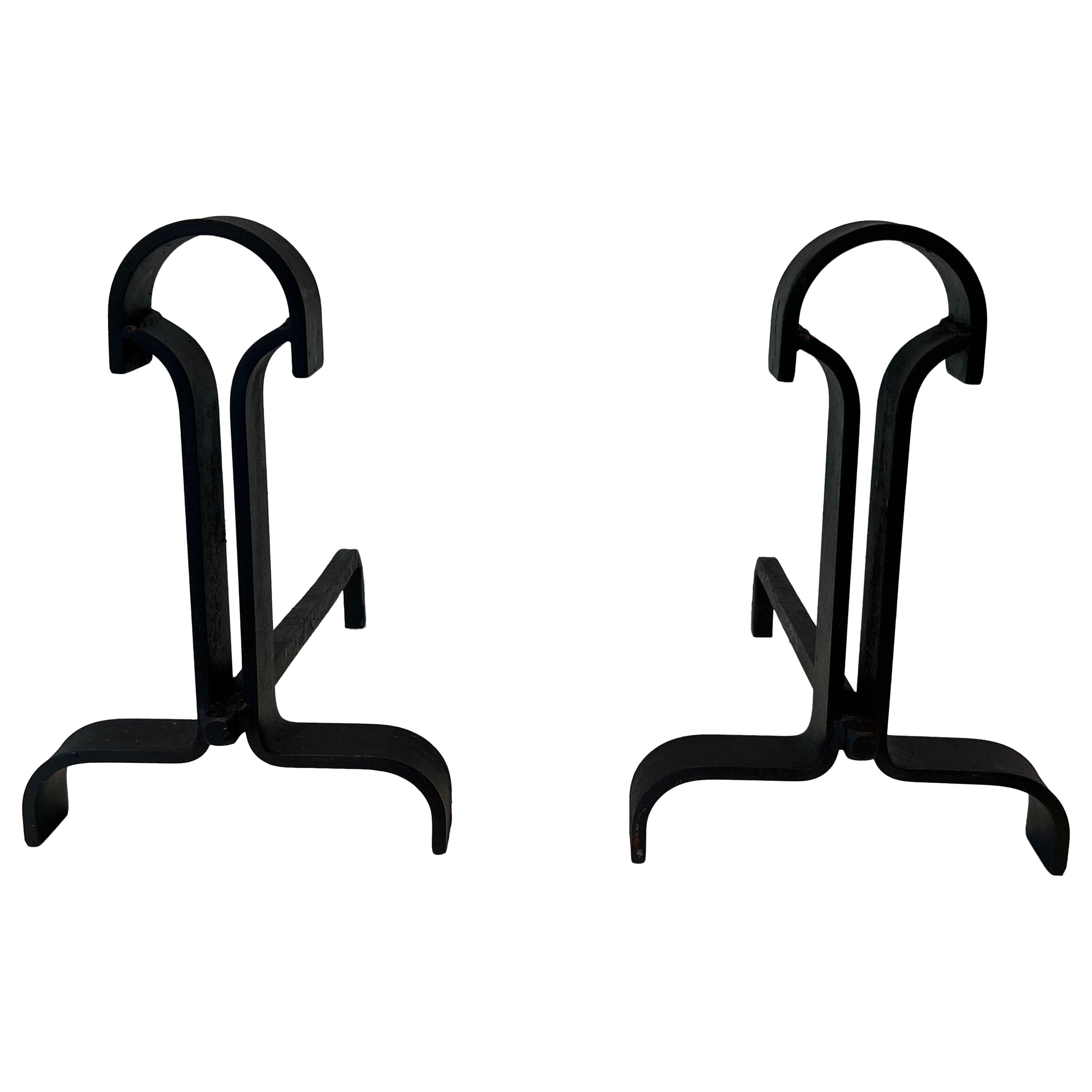 Pair of modernist wrought iron andirons. French work. Circa 1940 For Sale