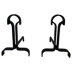 Pair of modernist wrought iron andirons. French work. Circa 1940