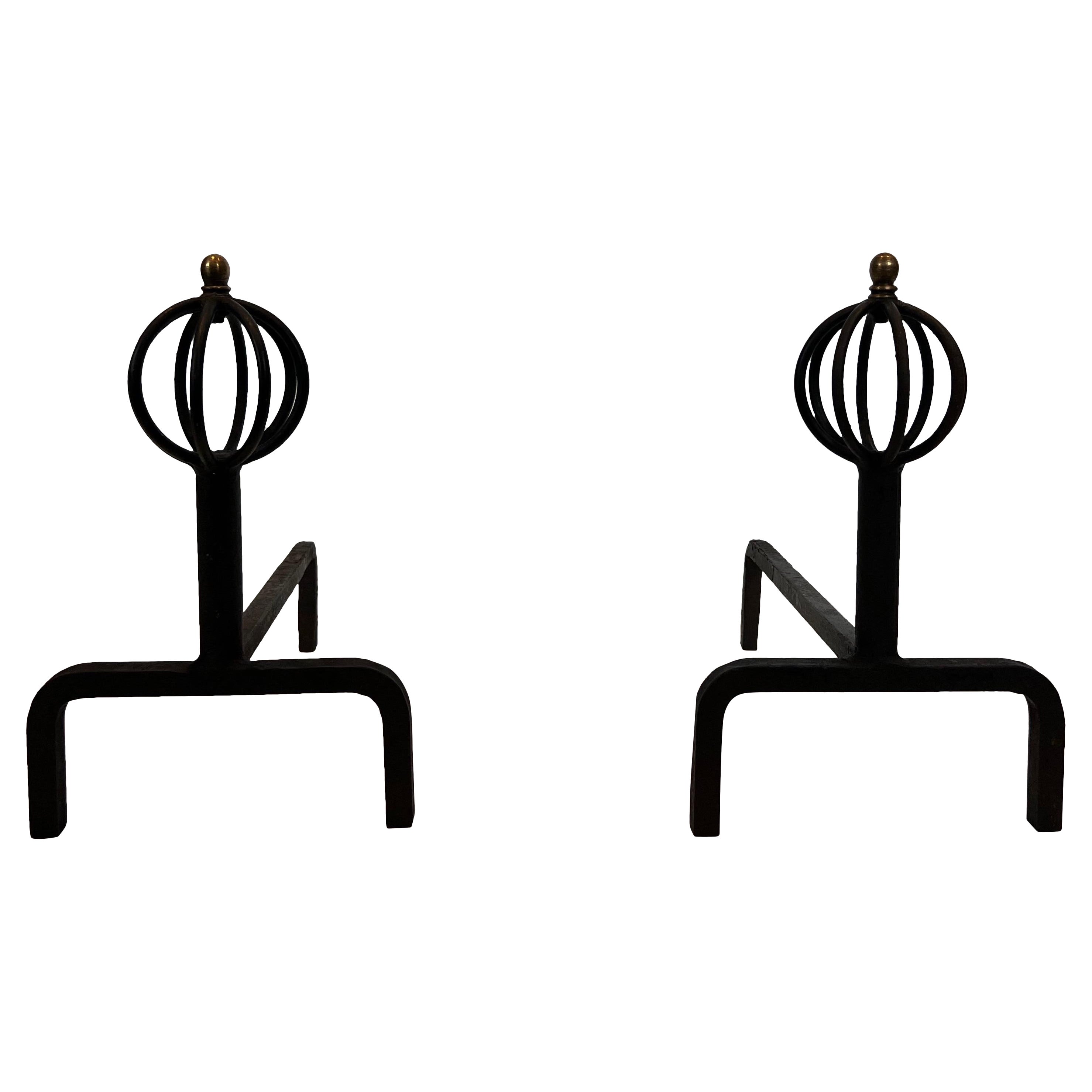 Pair of wrought iron andirons. French work. Circa 1950