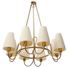 Large Art Deco Chandelier, Brass Pleated Cream Fabric Shades, 1930s