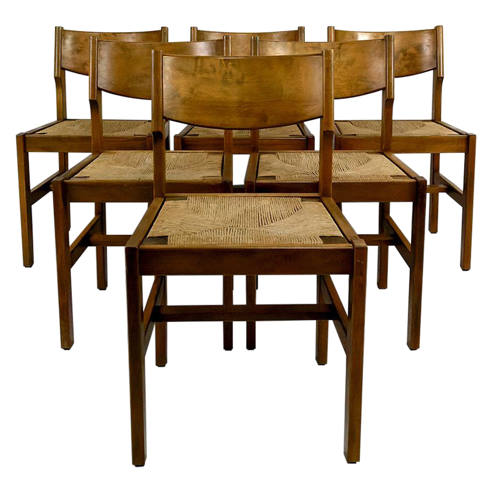 Set of 6 brutalist Elm chairs with mulched seats, Maison Regain, Circa 1960 For Sale