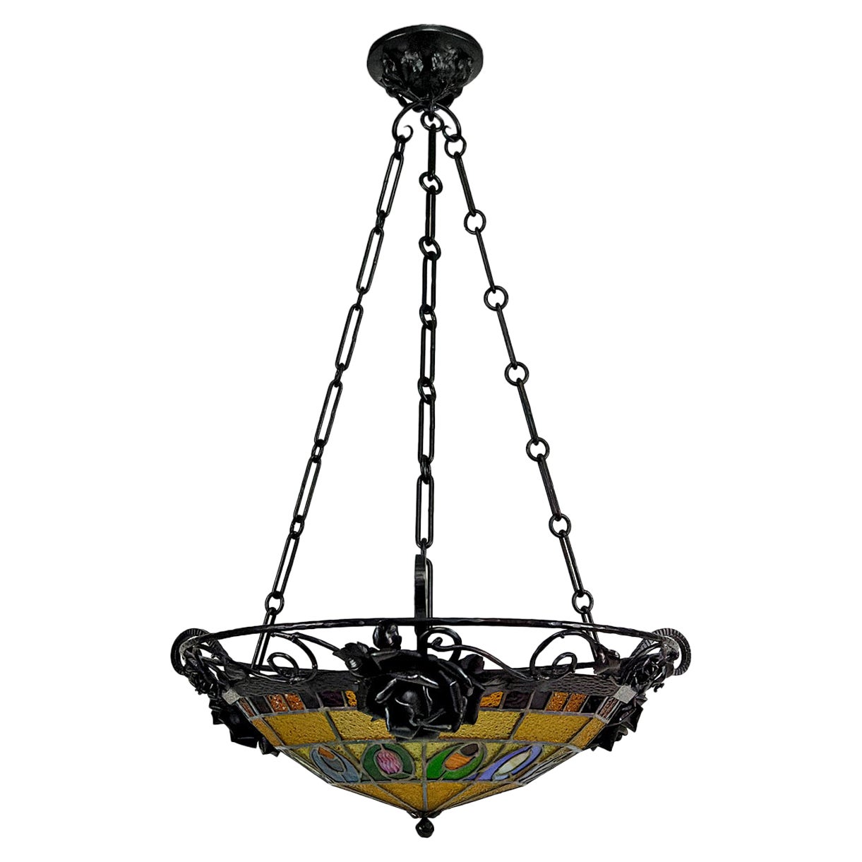 Art Deco wrought iron chandelier by Augustin Louis Calmels, France, Circa 1920 For Sale