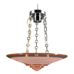 Vintage Art Deco chandelier in pink glass and chrome bronze by Henry Petitot, Circa 1930