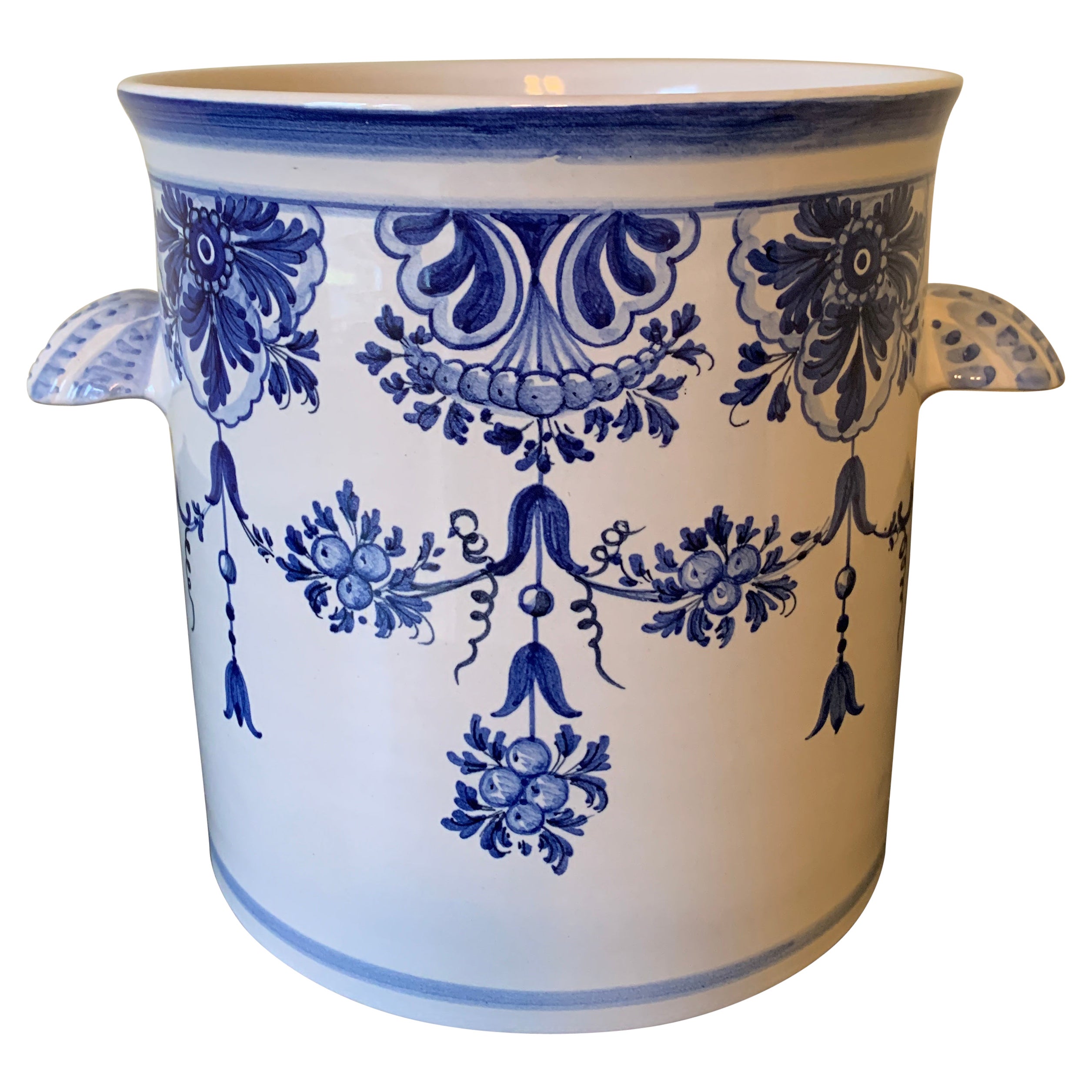 Italian Hand Painted Blue and White Porcelain Ice Bucket For Sale