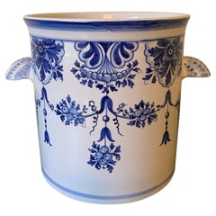 Seau à glace en porcelaine italienne bleue et blanche peinte à la main
