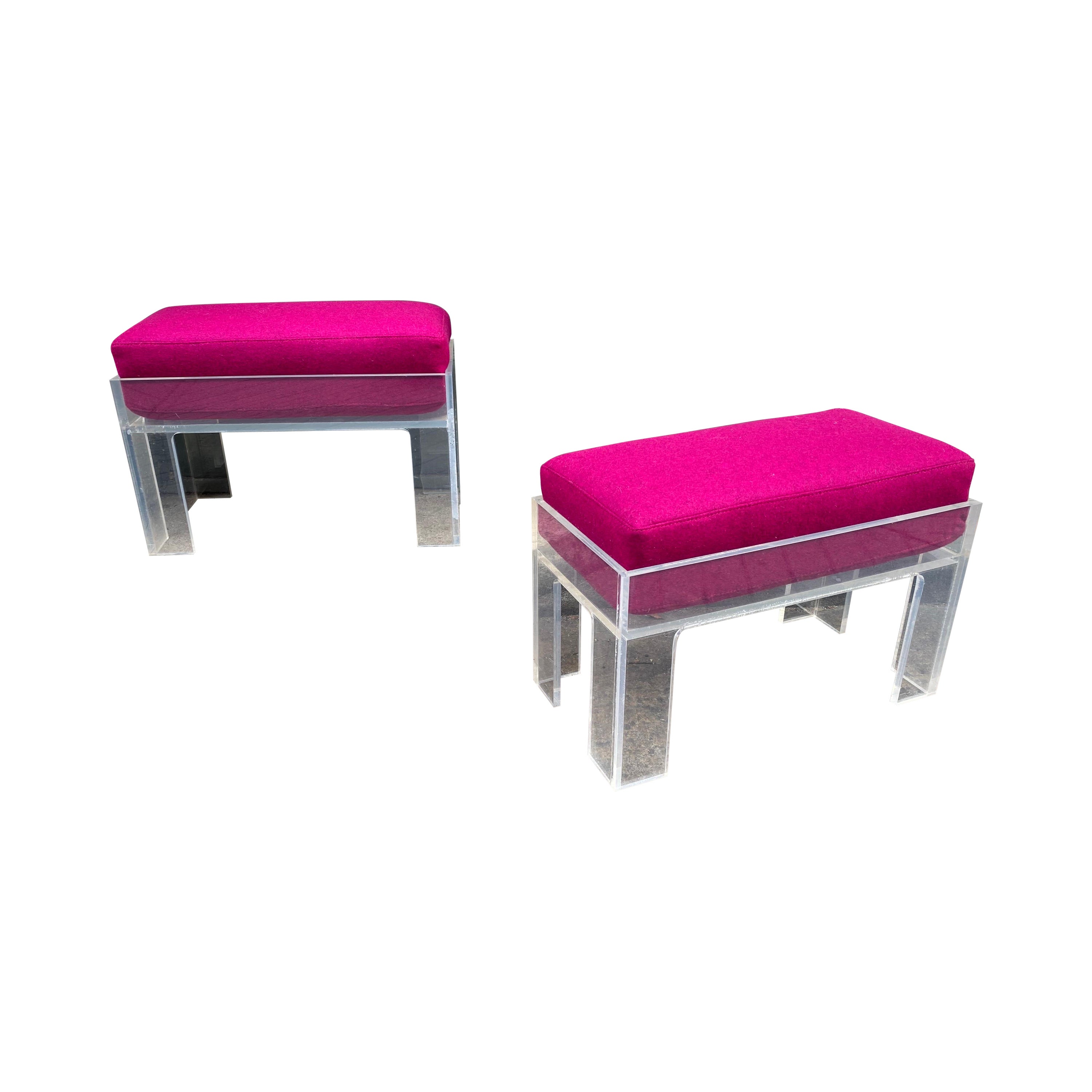 Pair Lucite Ottomans with electric Pink Cushions For Sale