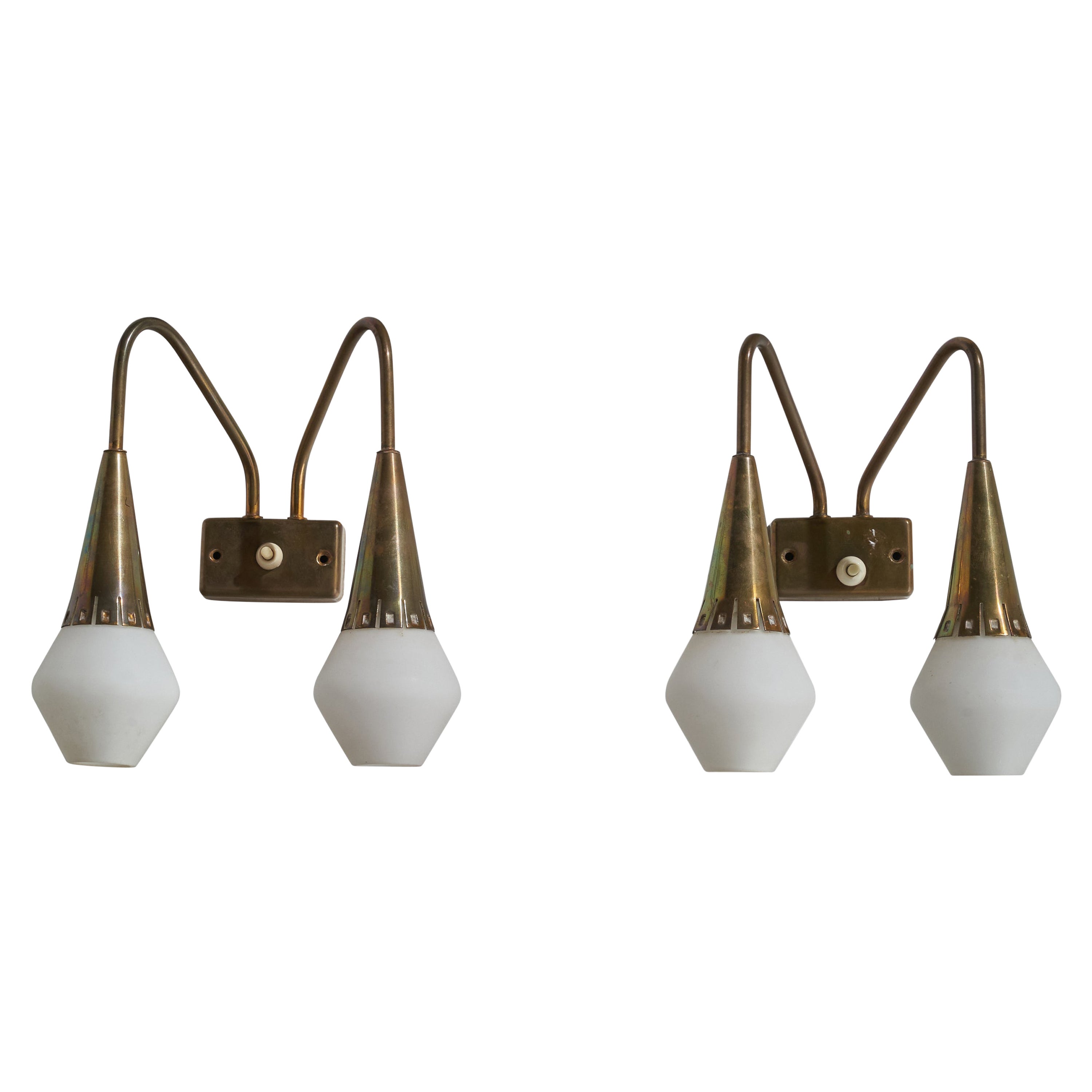 Harald Notini, Wall Lights, Brass, Glass, Sweden, 1940s For Sale