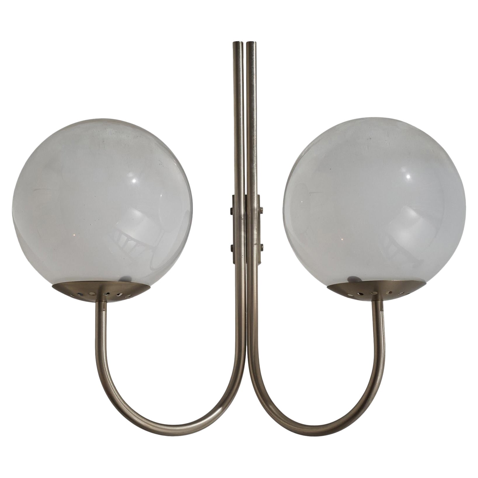 Italian Designer, Wall Light, Nickel-plated Brass, Glass, Italy, 1960s For Sale