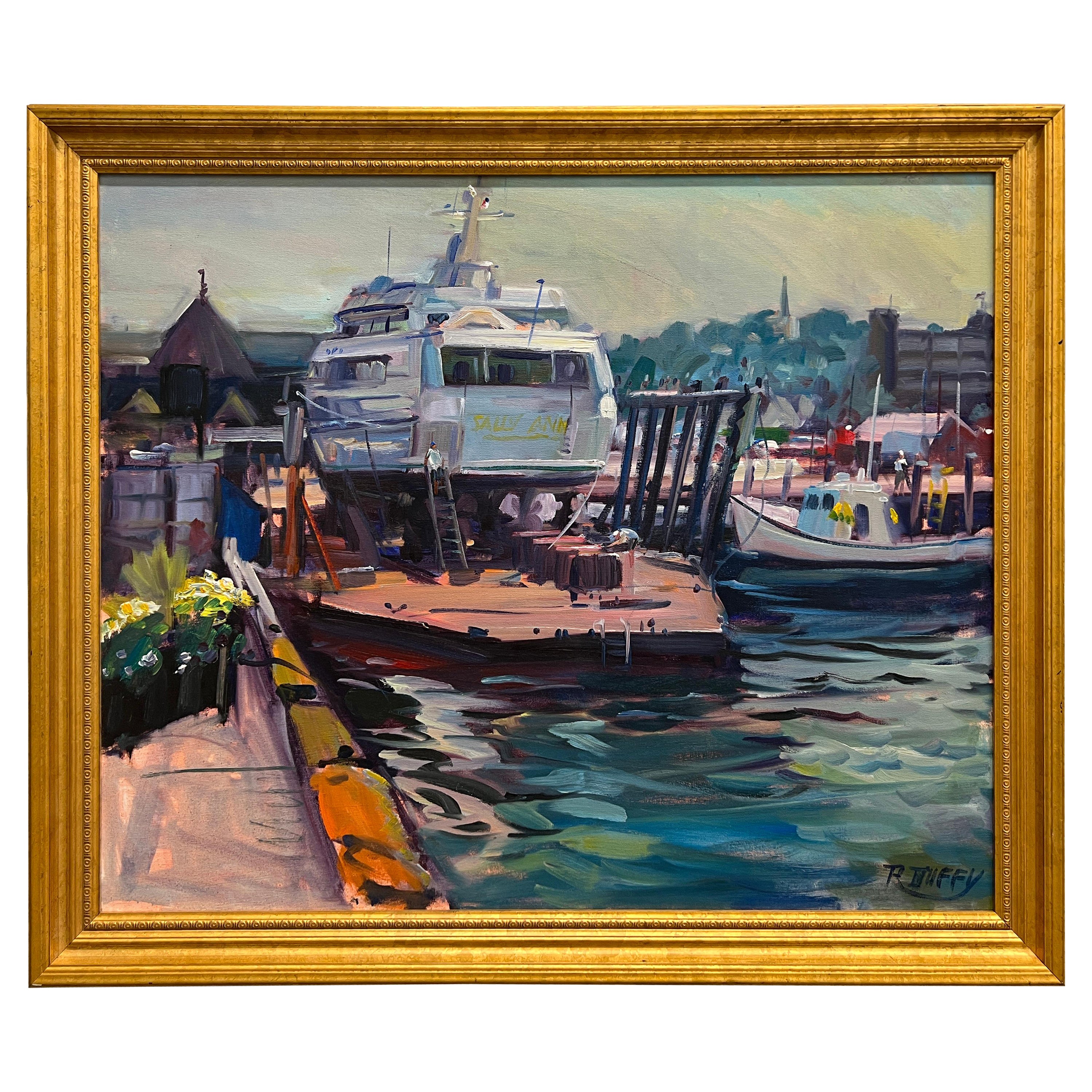 Robert Duffy (américain, 1928-2015), huile sur toile impressionniste du port de Newport 